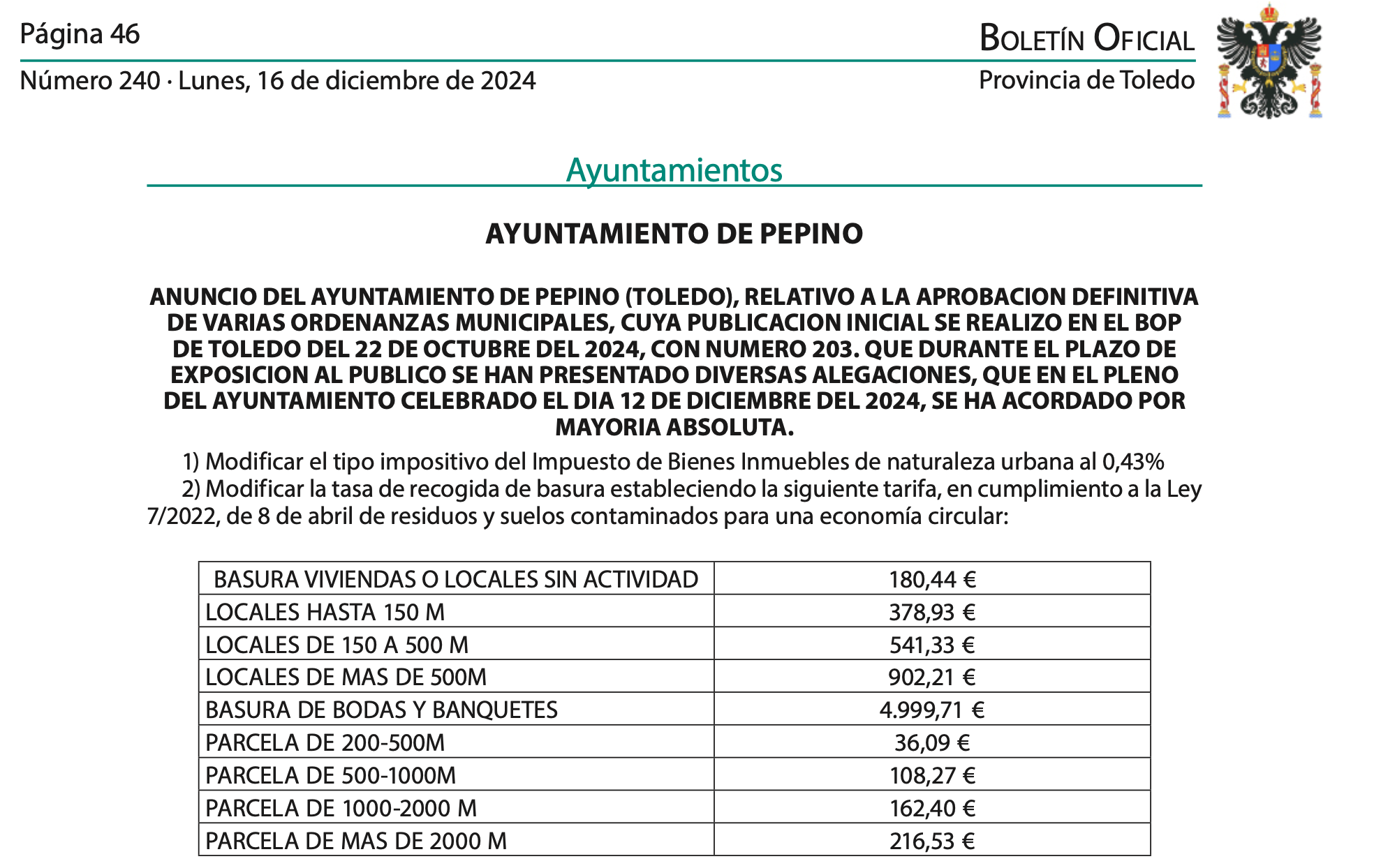 Subida de la tasa basuras en Pepino (Toledo)