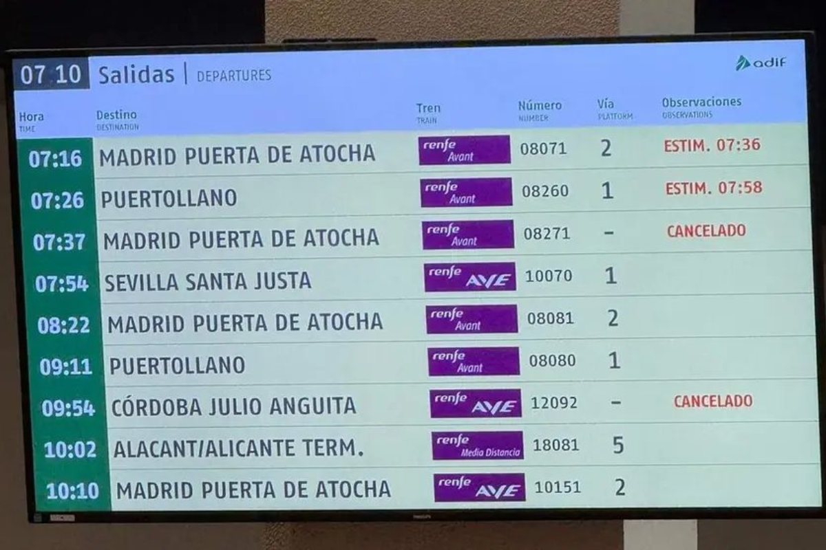 Panel de salidas y llegadas en la estación de tren de Ciudad Real