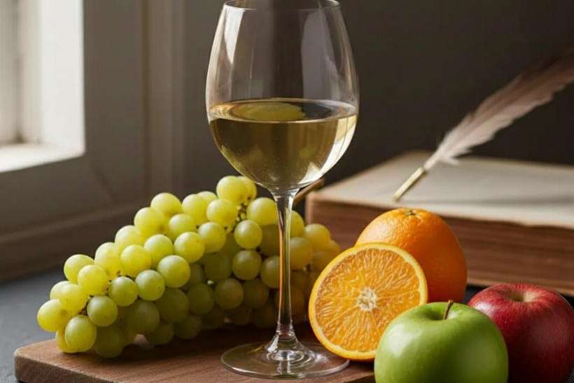 bodegón de vino y frutas