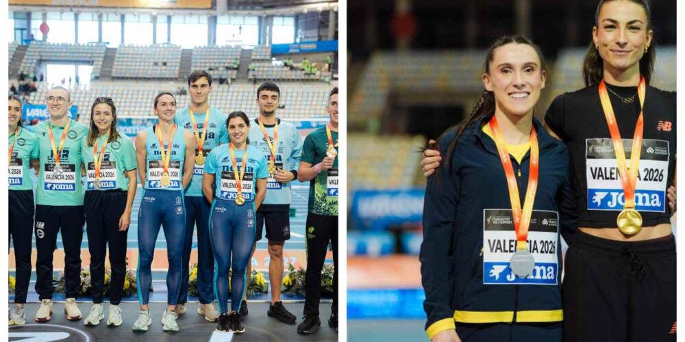 En el centro de la foto de la izquierda, Herminia Parra: y, Paula Sevilla, en el centro de la foto de la derecha. Fotos: RFEA.
