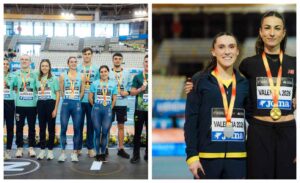 En el centro de la foto de la izquierda, Herminia Parra: y, Paula Sevilla, en el centro de la foto de la derecha. Fotos: RFEA.