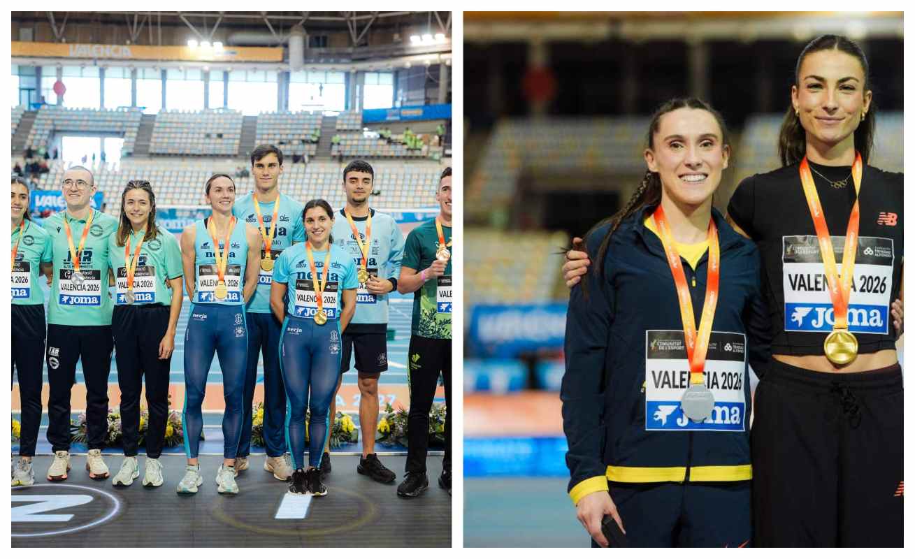 En el centro de la foto de la izquierda, Herminia Parra: y, Paula Sevilla, en el centro de la foto de la derecha. Fotos: RFEA.