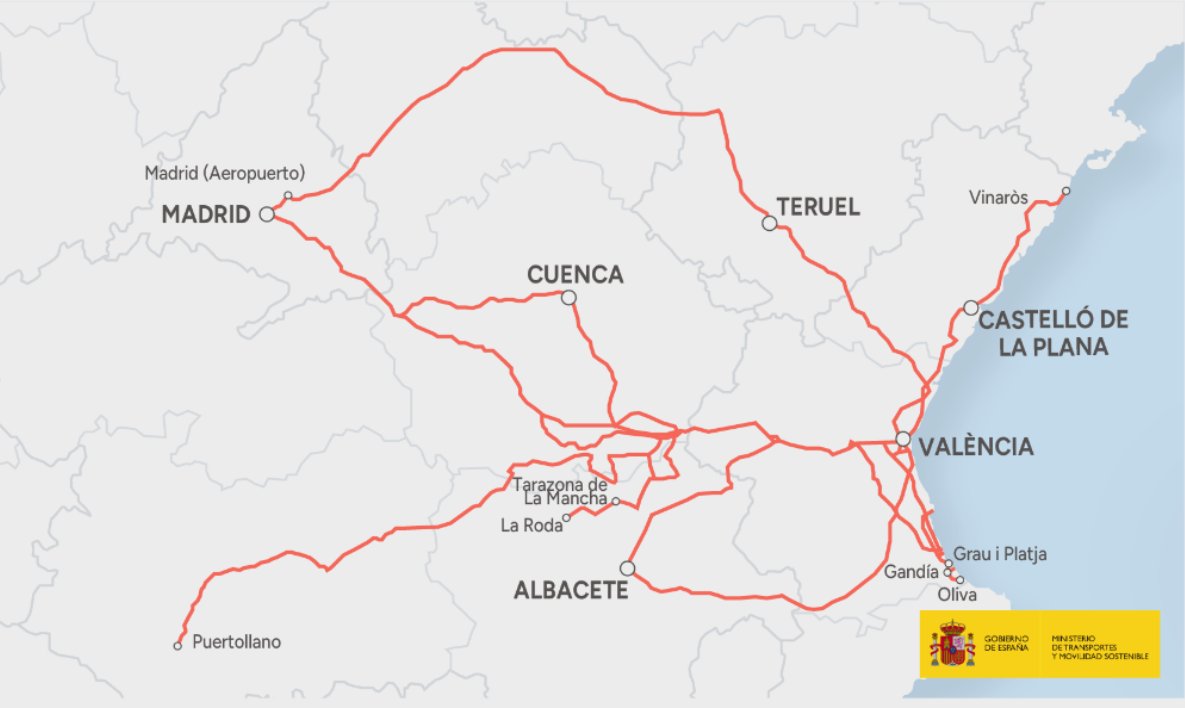 Nuevo corredor del mapa concesional para rutas entre Madrid, Castilla-La Mancha, Aragón y Comunitat Valenciana.