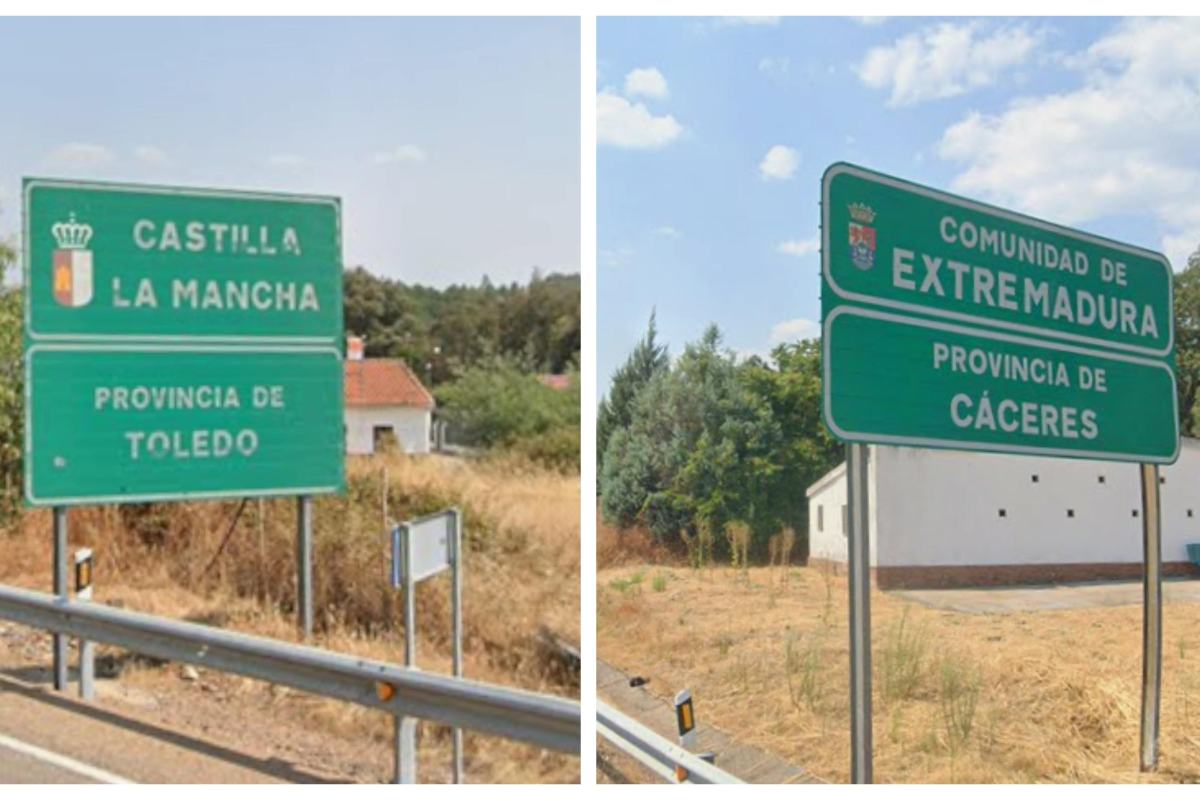En la misma carretera, dos carteles indican que un lado pertenece a Castilla-La Mancha y, el otro, a Extremadura
