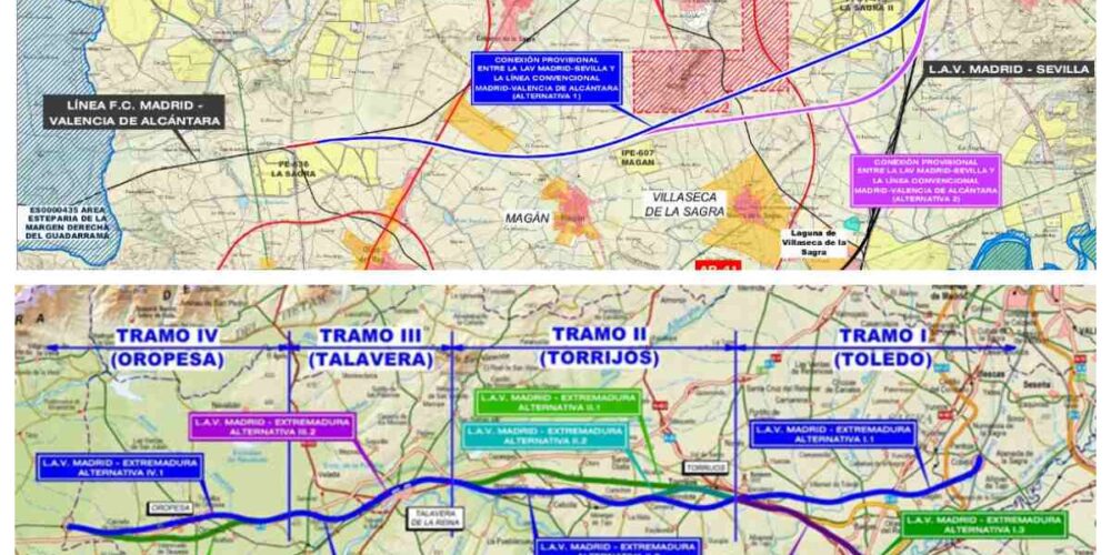 Imagen de los planos planteados por el Ministerio para la conexión transitoria por Bargas y los tramos en los que se divide la línea en la provincia.