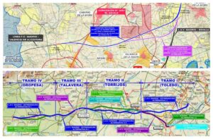 Imagen de los planos planteados por el Ministerio para la conexión transitoria por Bargas y los tramos en los que se divide la línea en la provincia.