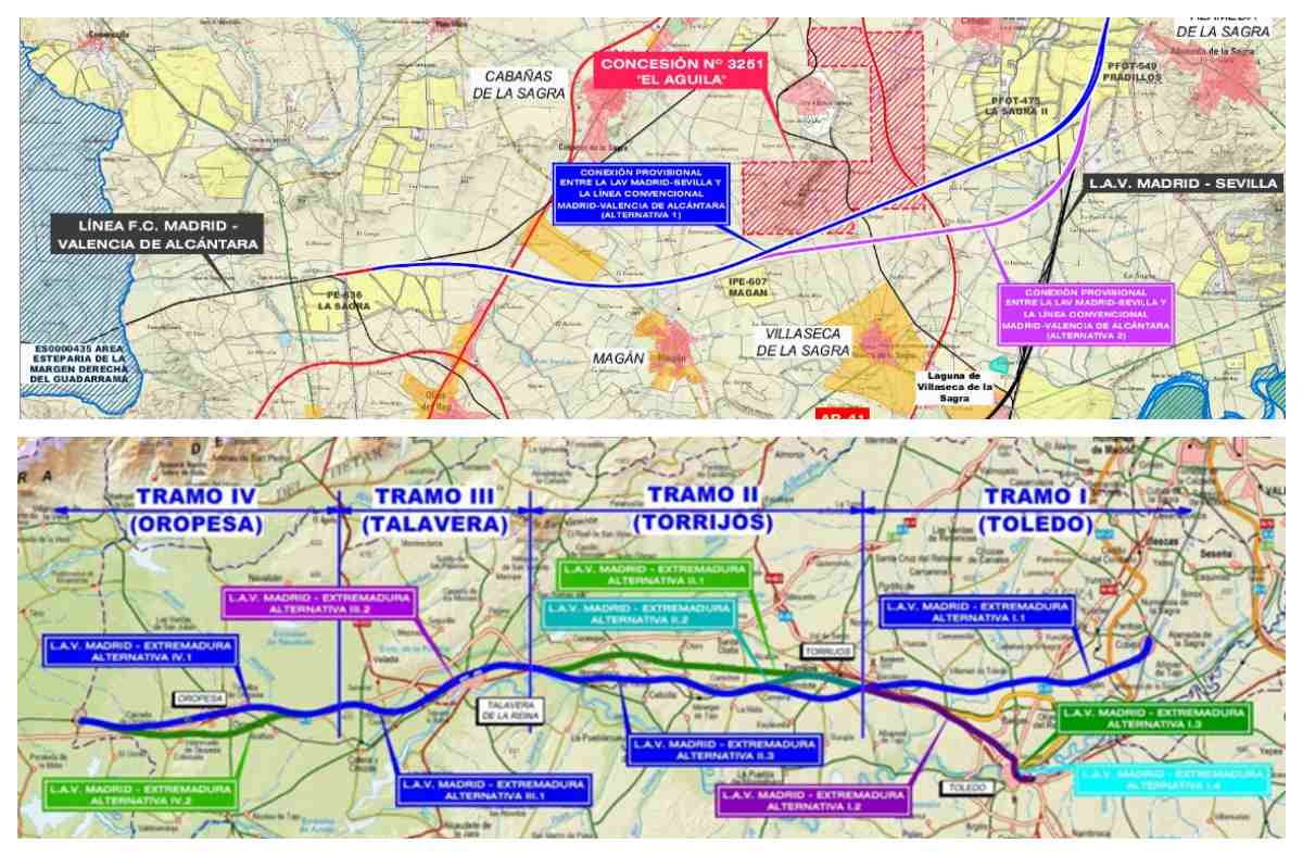 Imagen de los planos planteados por el Ministerio para la conexión transitoria por Bargas y los tramos en los que se divide la línea en la provincia.