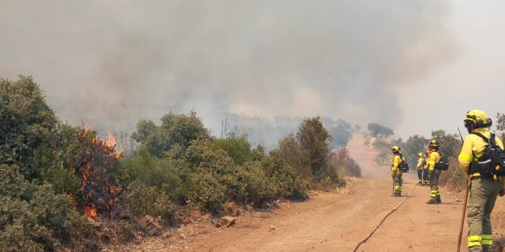 Imagen de los bomberos forestales durante el incendio de Viso del Marqués