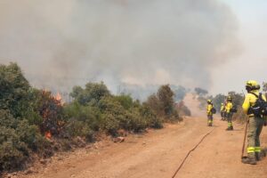 Imagen de los bomberos forestales durante el incendio de Viso del Marqués