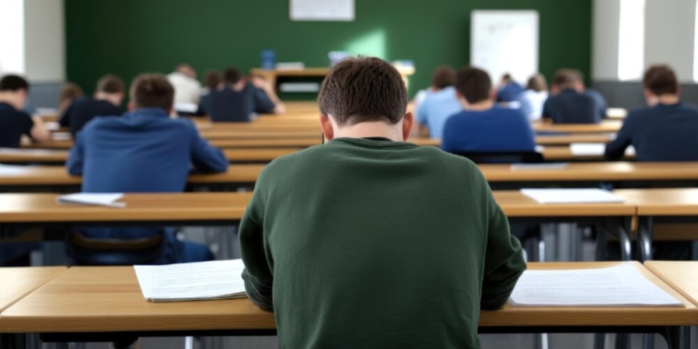Alumnos realizan un examen en un aula. Imagen de archivo