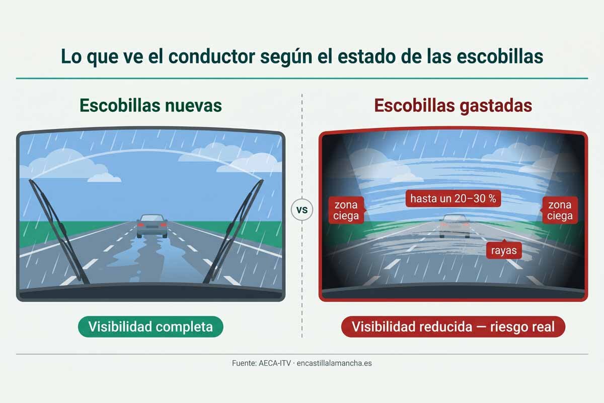  Diferencia real de visibilidad entre escobillas en buen estado y escobillas gastadas. Zonas ciegas, rayas y pérdida de hasta el 30 % del campo visual. Fuente: AECA-ITV.