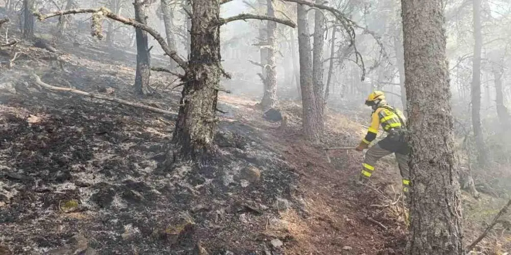 Bombero forestal trabajando en el incendio de La Mierla. Foto: Miteco.
