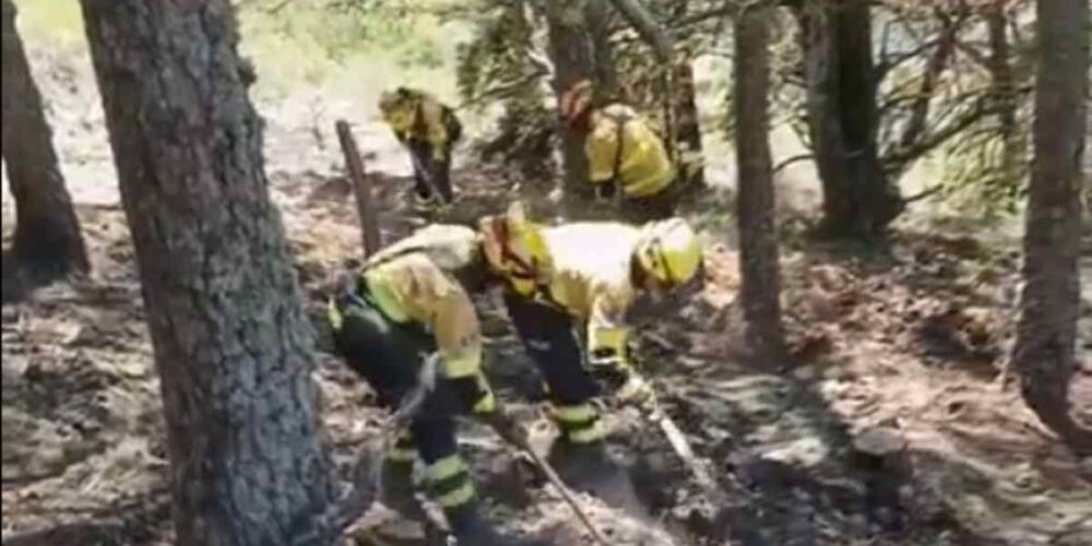 Bomberos del Plan Infocam trabajando en la zona del incendio de La Mierla.