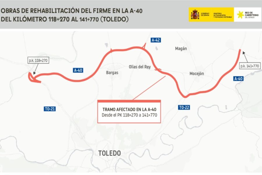 El lunes empiezan las obras de rehabilitación en la A-40 entre Bargas y Mocejón (Toledo): habrá cortes de tráfico