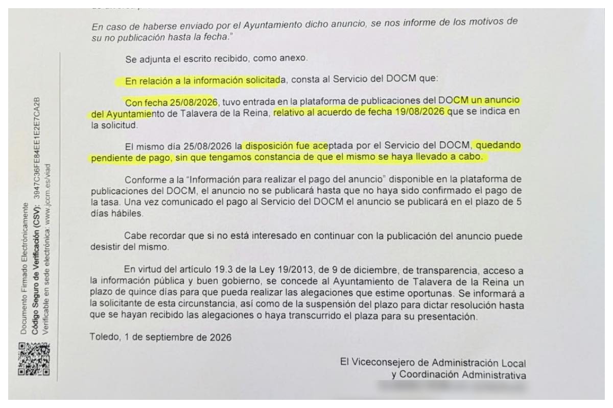 Documento con la respuesta del DOCM. Foto: PSOE Talavera